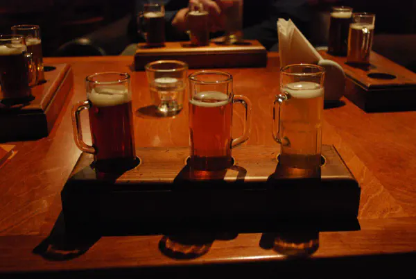 Beer tasting in a brewer-pub. From right to left: light beer, honey beer and dark beer. We preferred the honey beer.