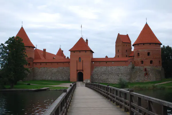 The Trakai castle is situated on an island and is now accessible by boat or wooden bridge