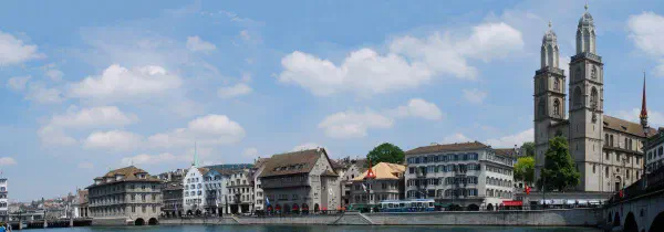 Panoramic view of Limmatquai with the Rathaus (town hall) on the left and Grossmünster at the right
