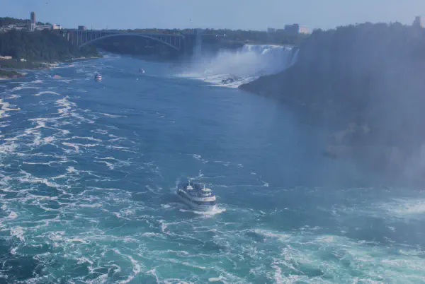 Niagara Falls with Maid of the Mist in the front and Rainbow Bridge to the horizon