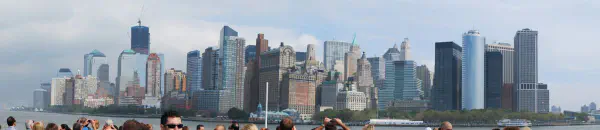 The skyline of Manhattan seen from the boat to Liberty Island