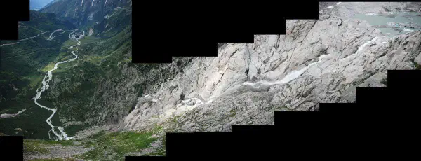 A composite of photos of a stream running down from the glacial lake of the Rh&ocirc;ne glacier all the way down into the valley