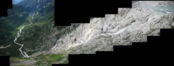 A composite of photos of a stream running down from the glacial lake of the Rh&ocirc;ne glacier all the way down into the valley