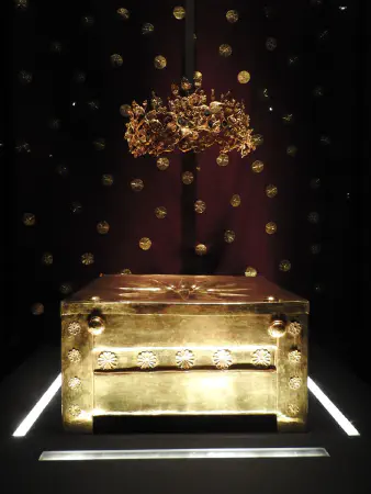 Golden larnax containing bones of the young royal wife, probably the Thracian princess Meda who followed Philip to the netherworld (336 B.C.)